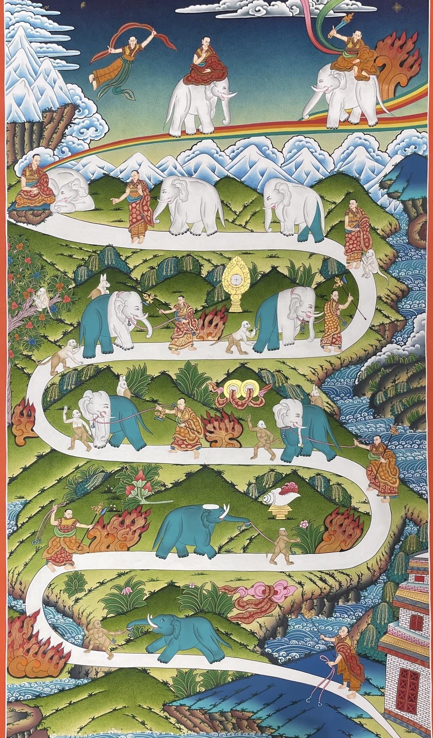 Samatha Meditation Elephant Path Thangka Painting | Large Tibetan Buddhist Mind Training Art