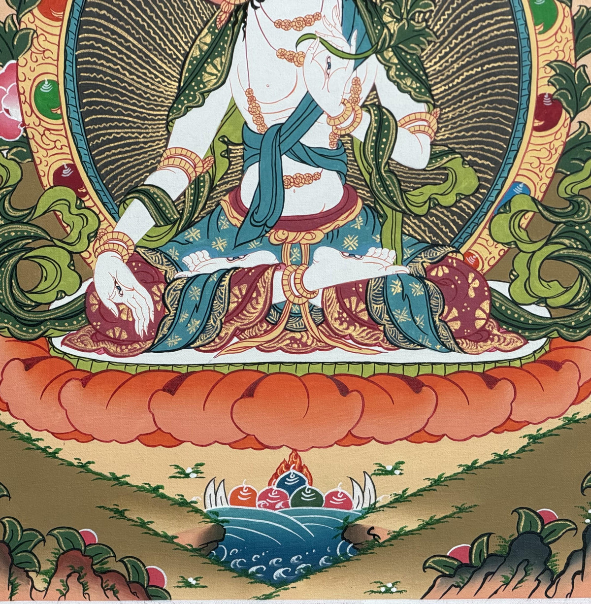 White Tara Thangka with Silk Brocade | Tibetan Buddhist Compassion Goddess Art