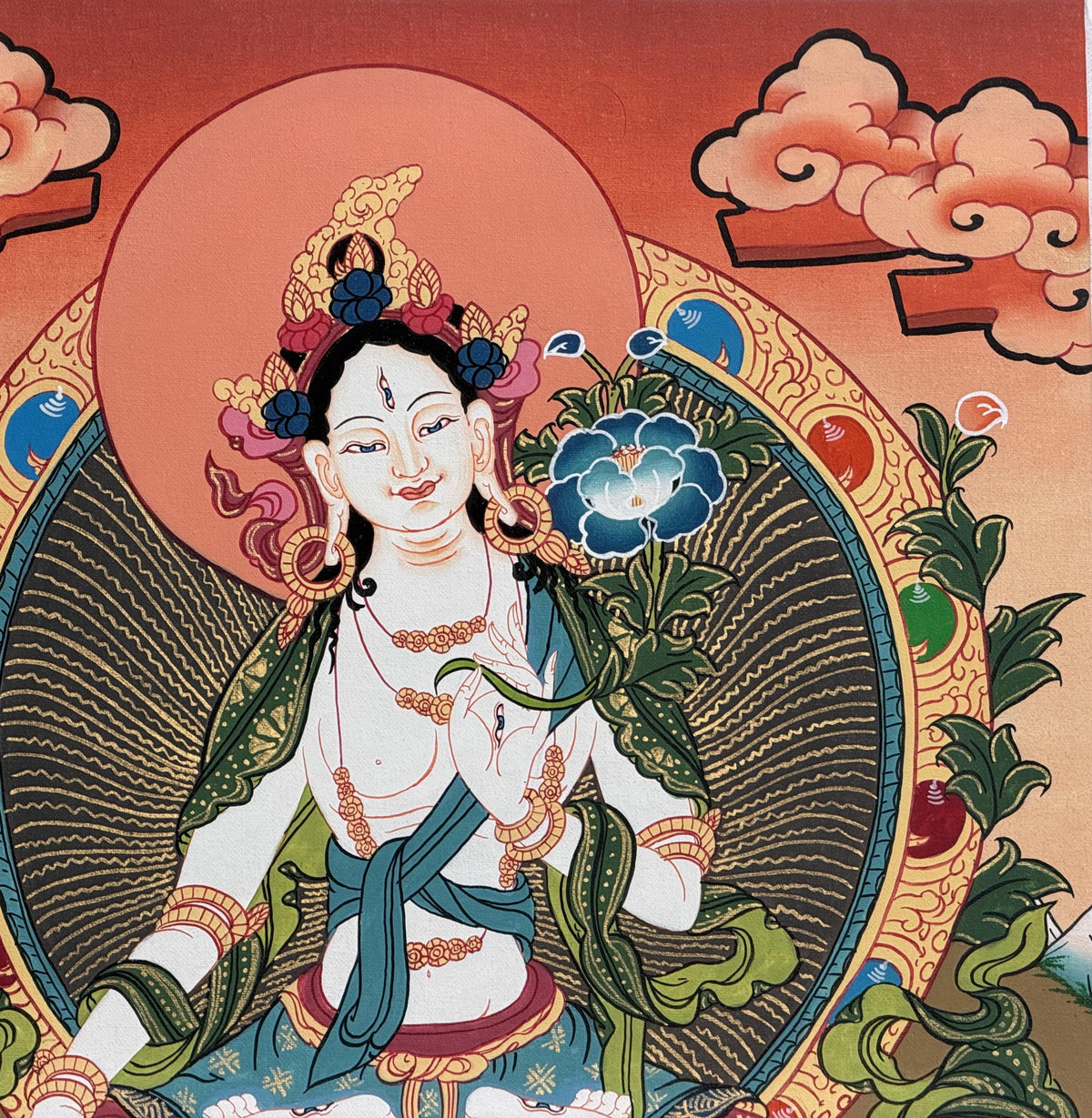 White Tara Thangka with Silk Brocade | Tibetan Buddhist Compassion Goddess Art