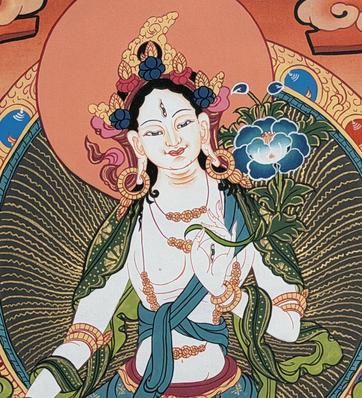 White Tara Thangka with Silk Brocade | Tibetan Buddhist Compassion Goddess Art