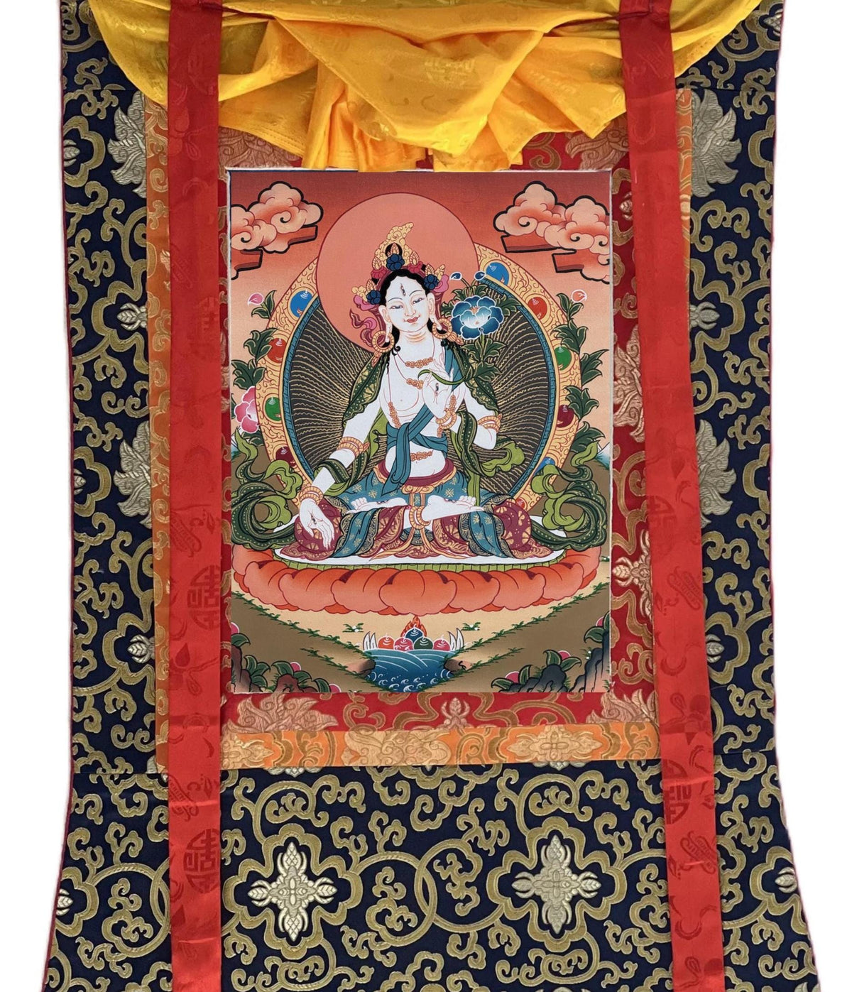 White Tara Thangka with Silk Brocade | Tibetan Buddhist Compassion Goddess Art