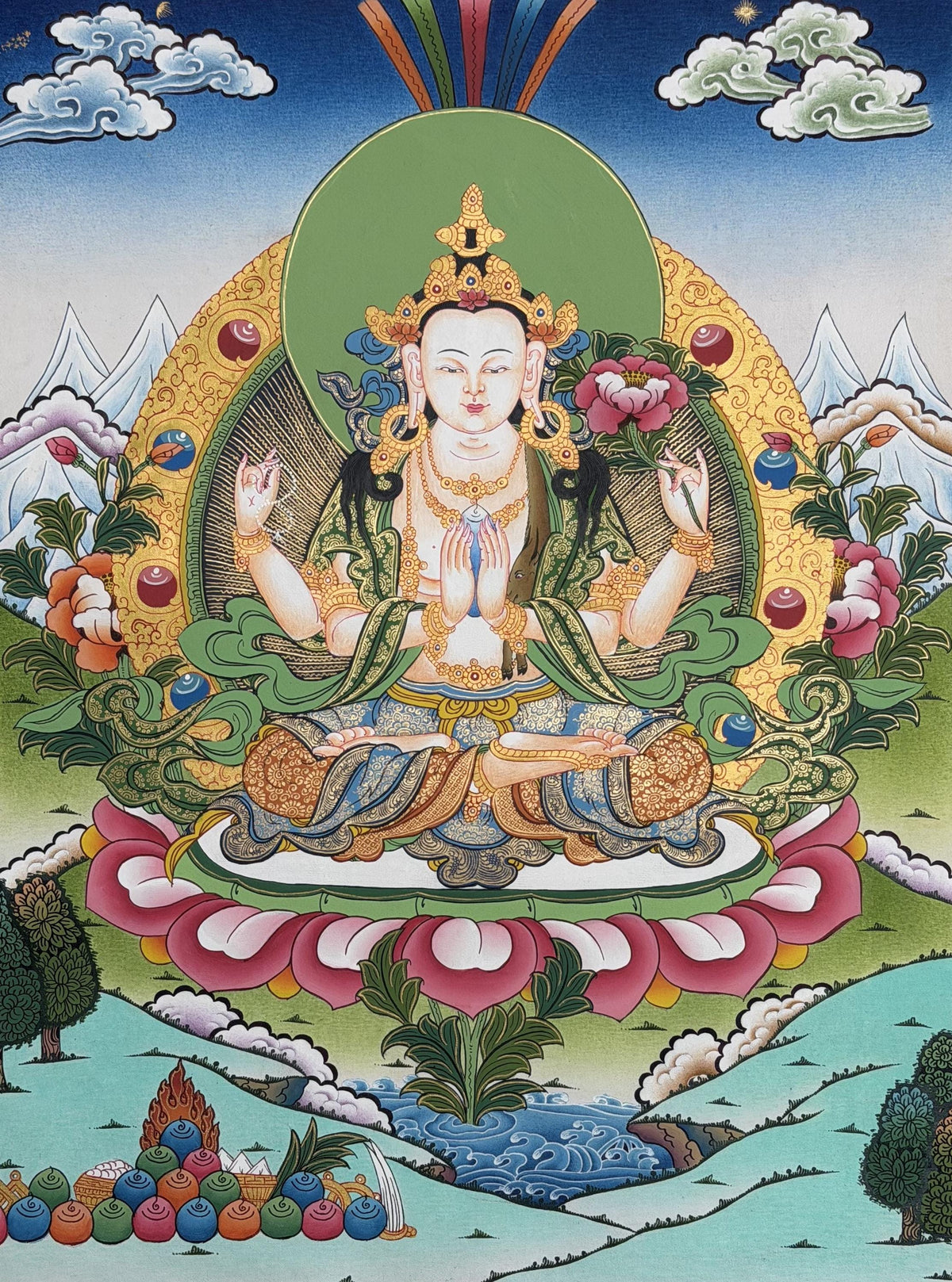 Chenrezig Avalokiteshvara Thangka | Hand Painted Tibetan Buddhist Compassion Art