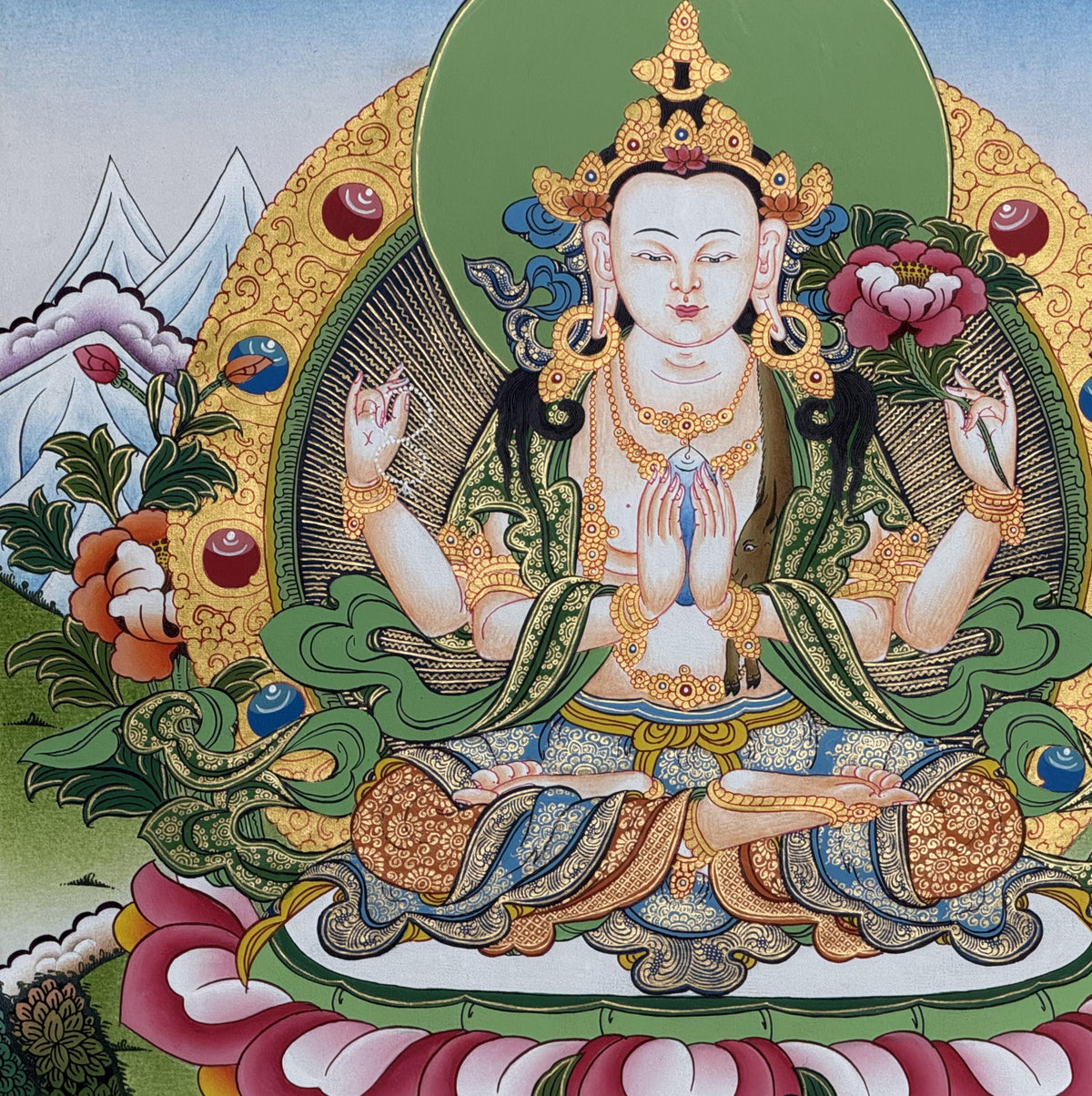 Chenrezig Avalokiteshvara Thangka | Hand Painted Tibetan Buddhist Compassion Art