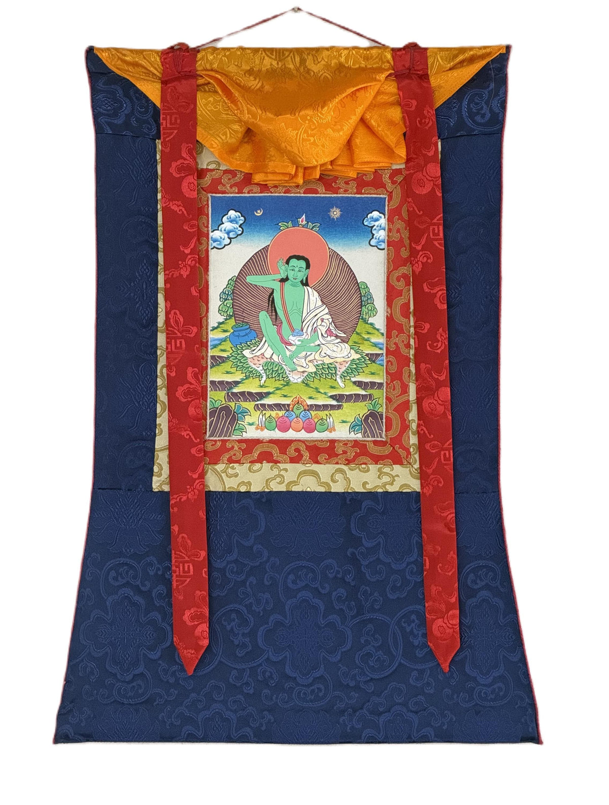 Milarepa Thangka with Silk Brocade | Small Hand-Painted Tibetan Yogi Meditation Art
