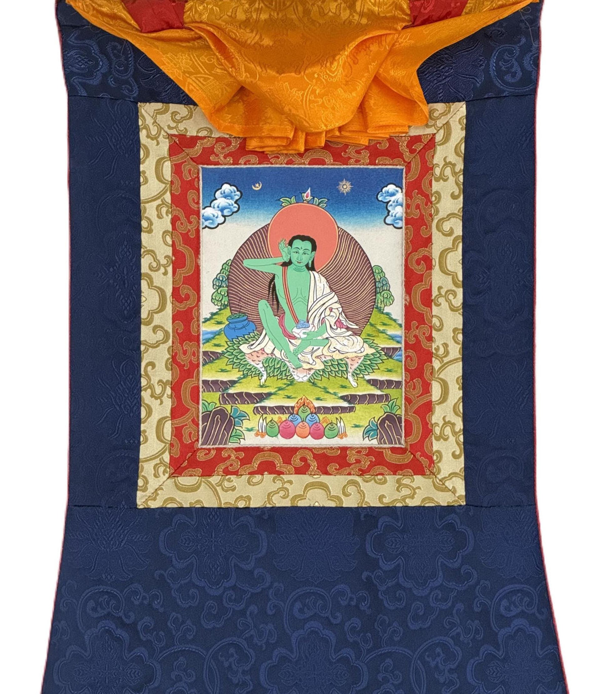 Milarepa Thangka with Silk Brocade | Small Hand-Painted Tibetan Yogi Meditation Art