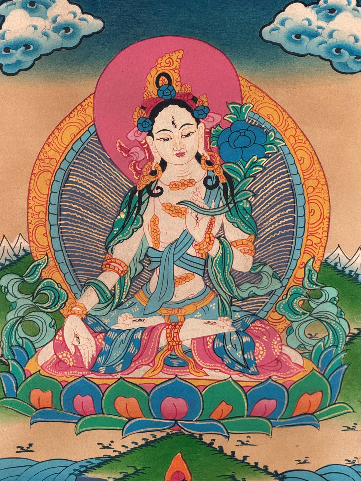White Tara Tibetan Thangka Painting | Semi-Old Smoky Hand-Painted Art | Silk Brocade Wall Hanging
