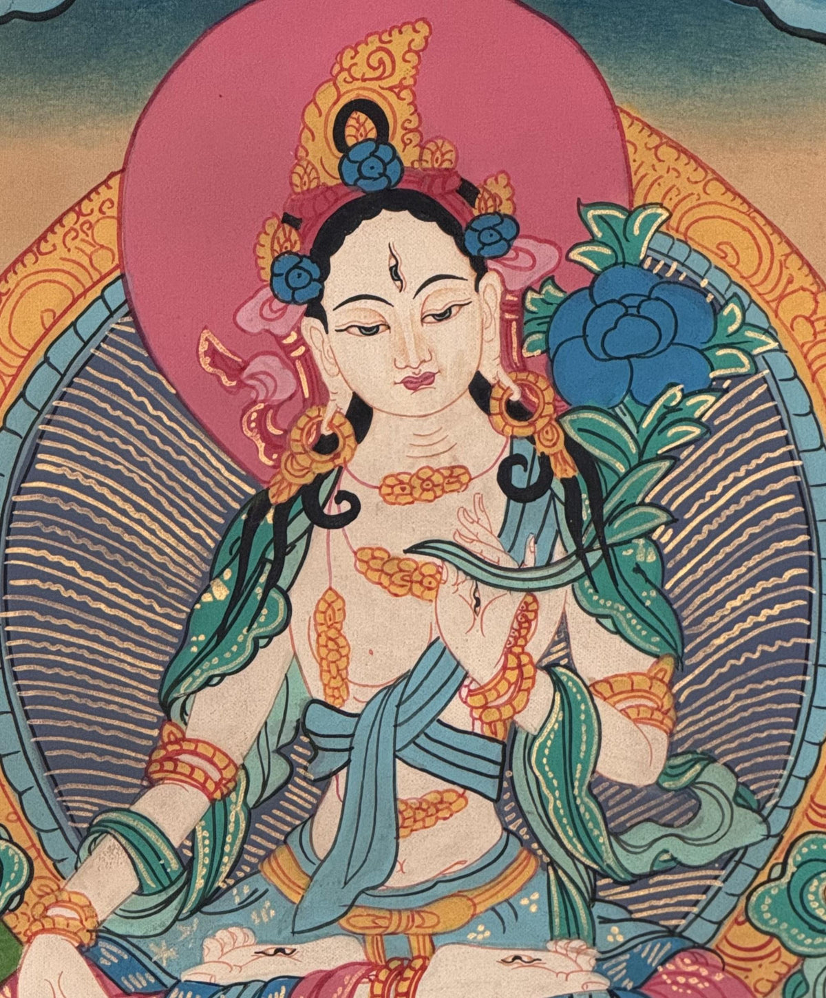 White Tara Tibetan Thangka Painting | Semi-Old Smoky Hand-Painted Art | Silk Brocade Wall Hanging