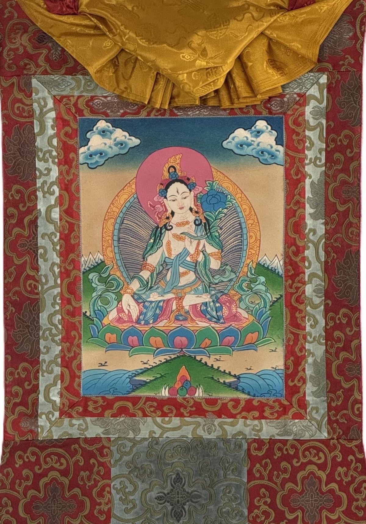 White Tara Tibetan Thangka Painting | Semi-Old Smoky Hand-Painted Art | Silk Brocade Wall Hanging