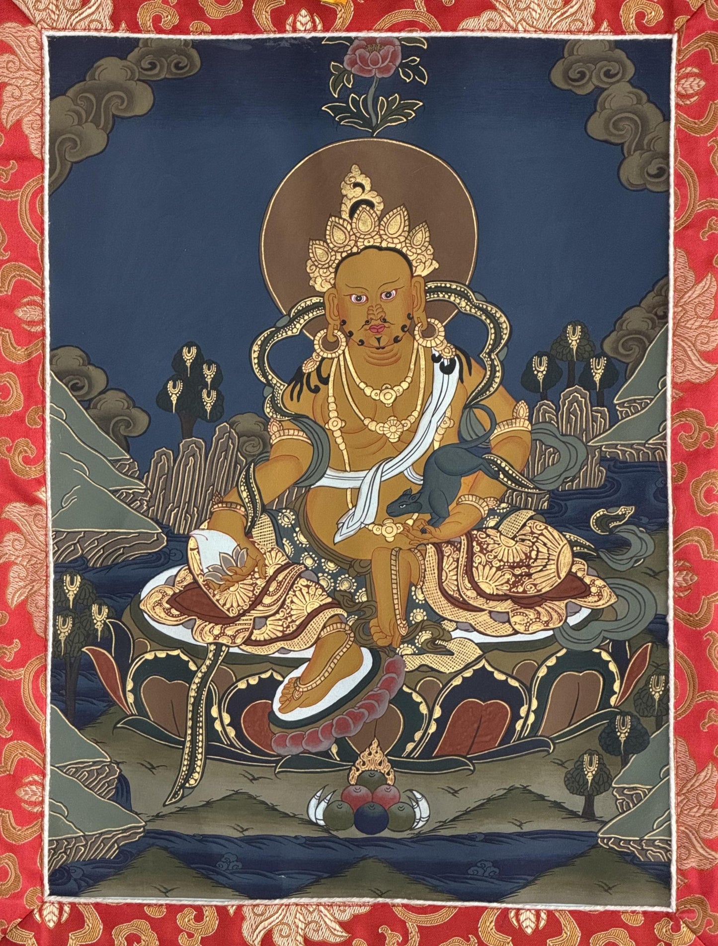 Yellow Dzambhala Kubera Thangka | Hand-Painted Tibetan Wealth Deity with Silk Brocade