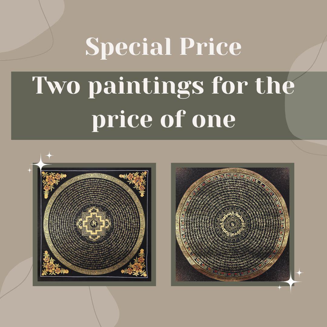 Hand-painted Tibetan Thangka Art – Om Mantra Mandala Set (2 Paintings)