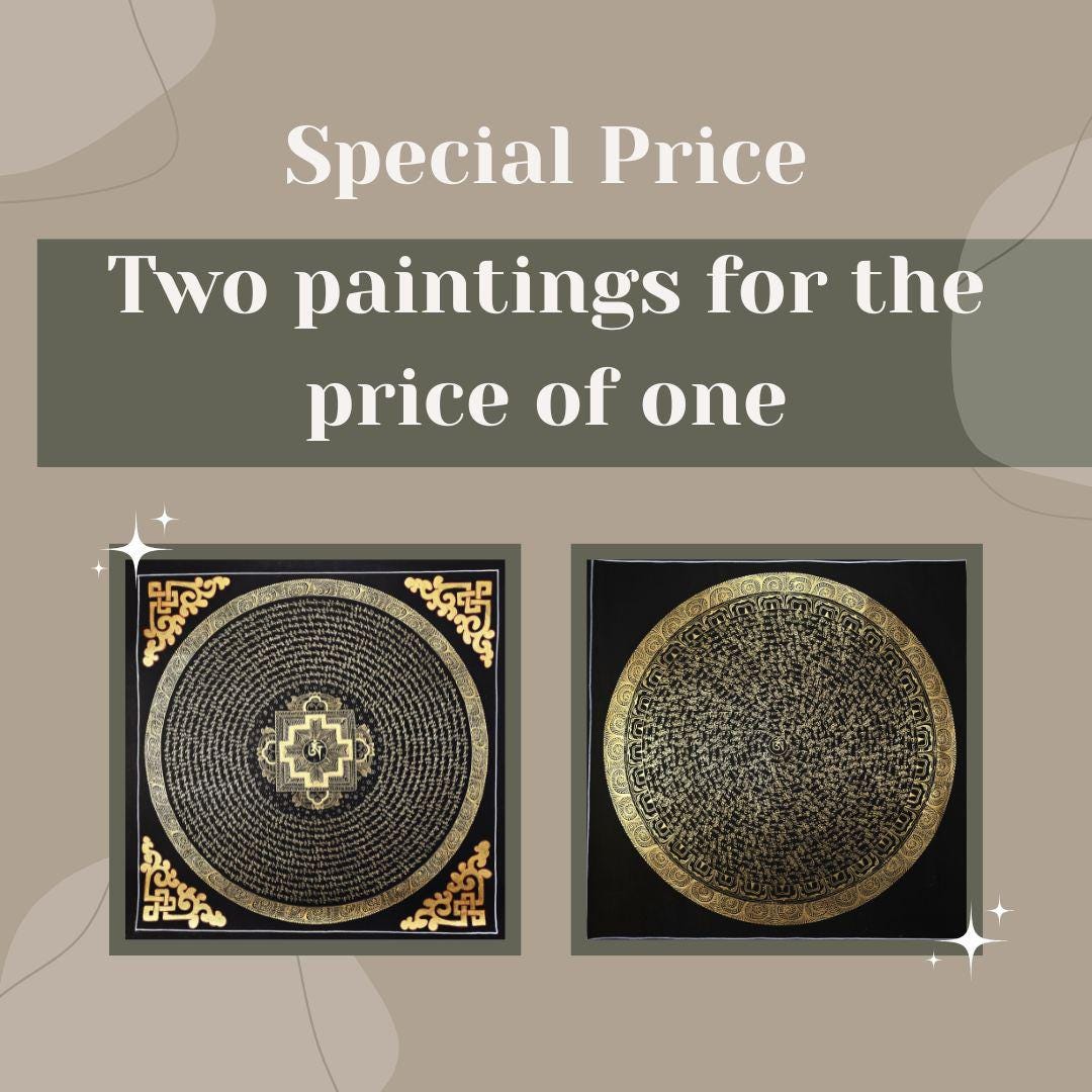 Hand-Painted Om Mantra Mandala Thangka Set, Tibetan Buddhist Wall Art (2 Paintings)
