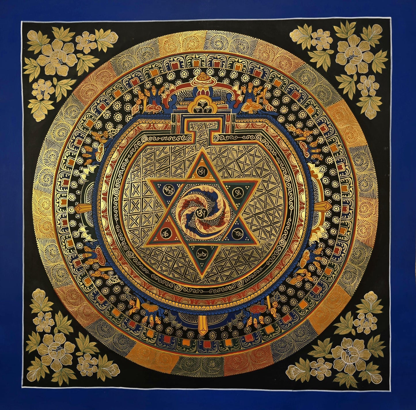 Hand-Painted Om Mantra Mandala Thangka – Tibetan Buddhist Wall Hanging Art (Set of 2 Paintings)