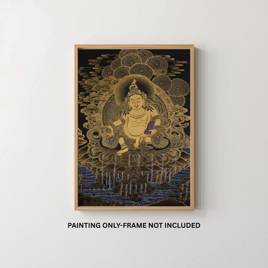 Hand Painted Yellow Jambhala Thangka, Tibetan Wealth Deity Buddhist Art, 24k Gold