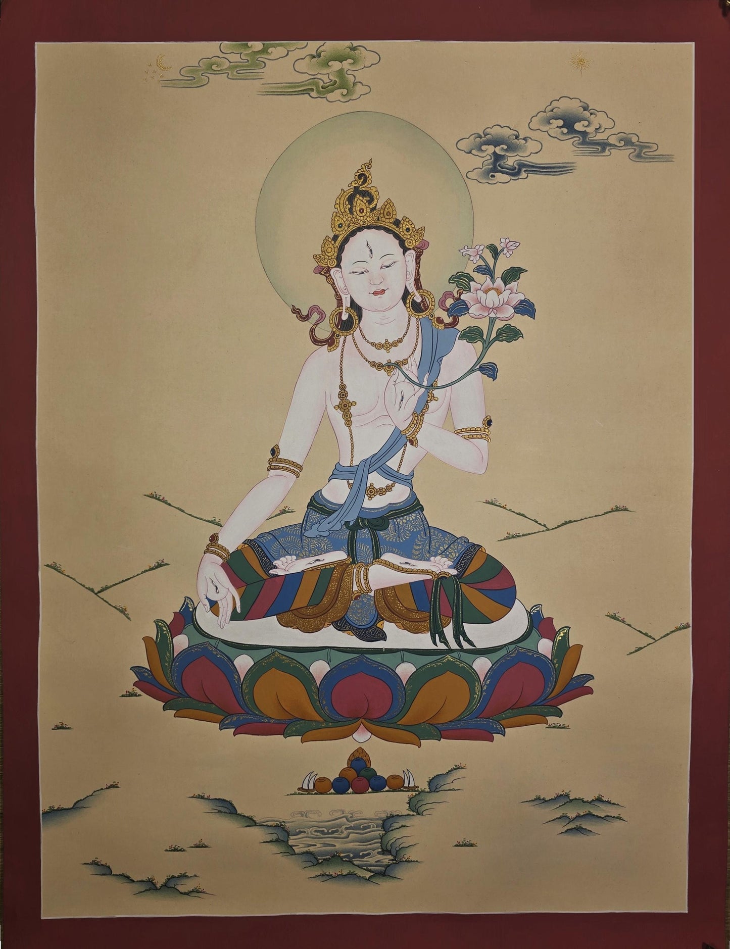 White Tara Thangka Painting | Hand Painted Tibetan Buddhist Art, Karma Gadri Style