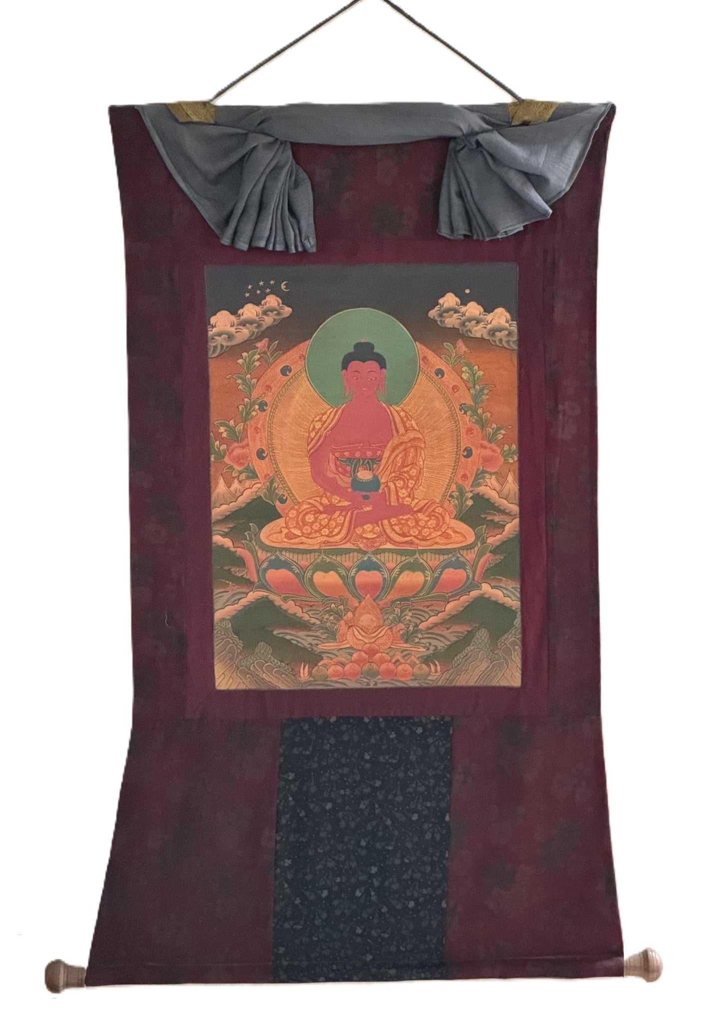 Amitabha Buddha Oil-Varnished Thangka | Hand-Painted Tibetan Pure Land Art with Cotton Brocade