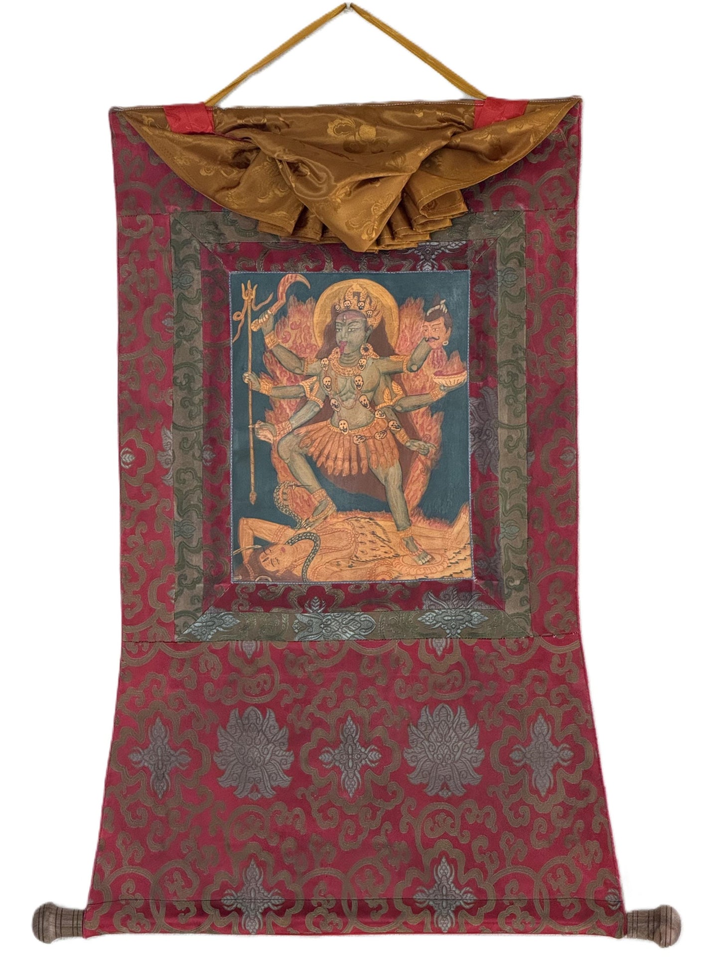 Goddess Kali Mahakali Thangka Painting | Hand-Painted Hindu Art with Silk Brocade