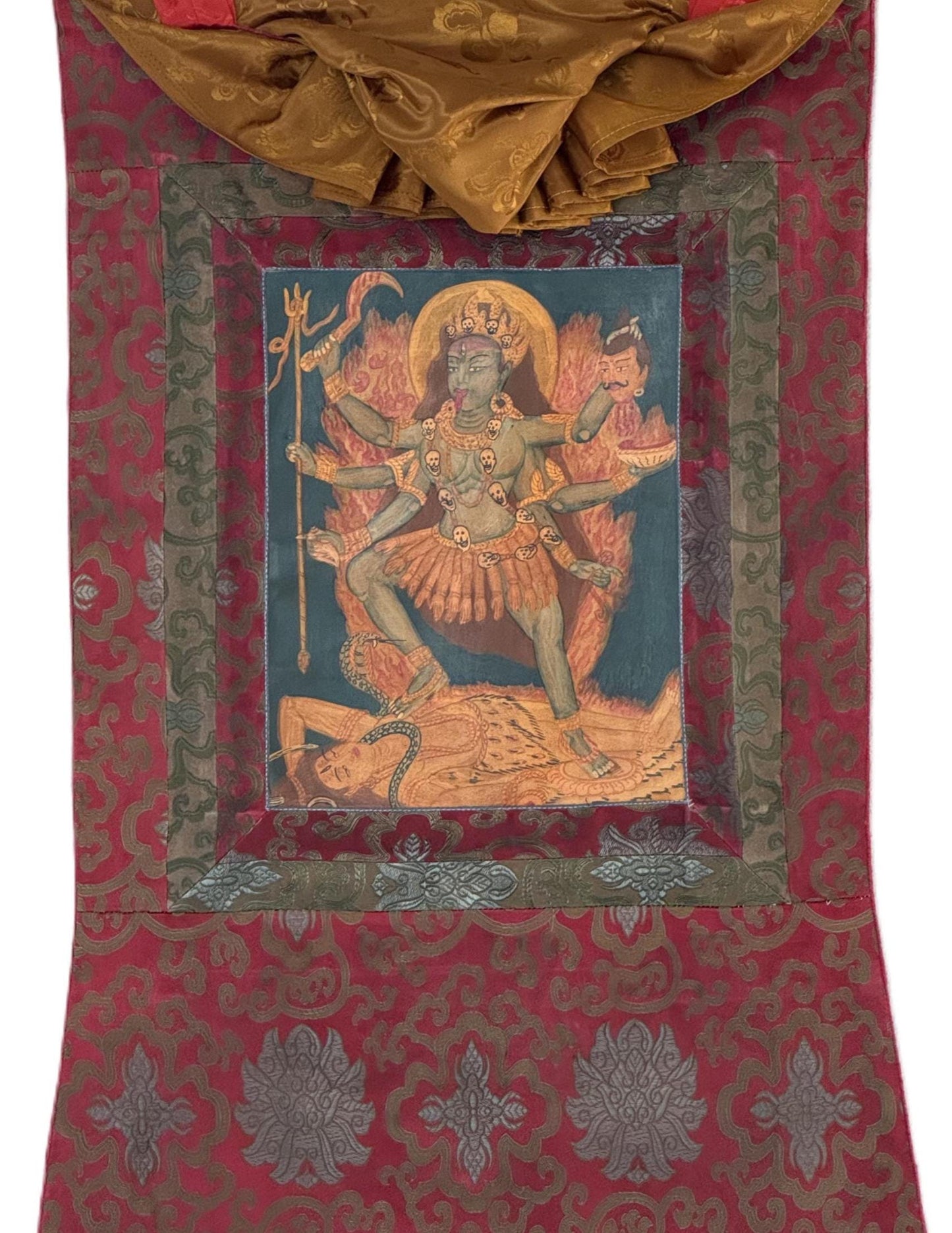 Goddess Kali Mahakali Thangka Painting | Hand-Painted Hindu Art with Silk Brocade
