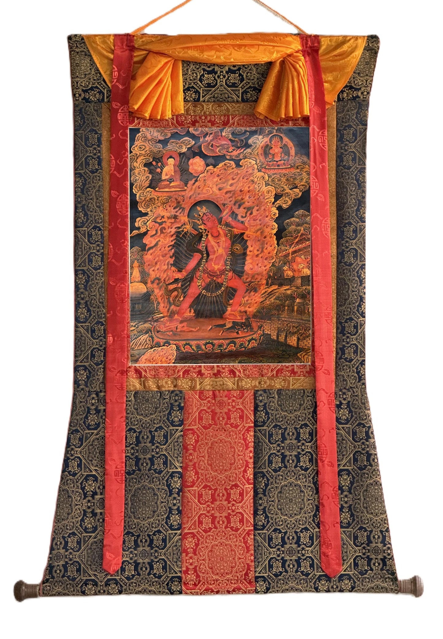 Old Vajrayogini Paubha Thangka | Oil-Varnished Newari Masterpiece with Silk Brocade