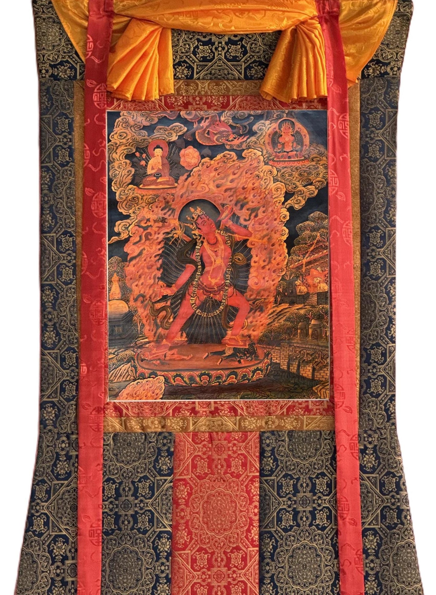 Old Vajrayogini Paubha Thangka | Oil-Varnished Newari Masterpiece with Silk Brocade