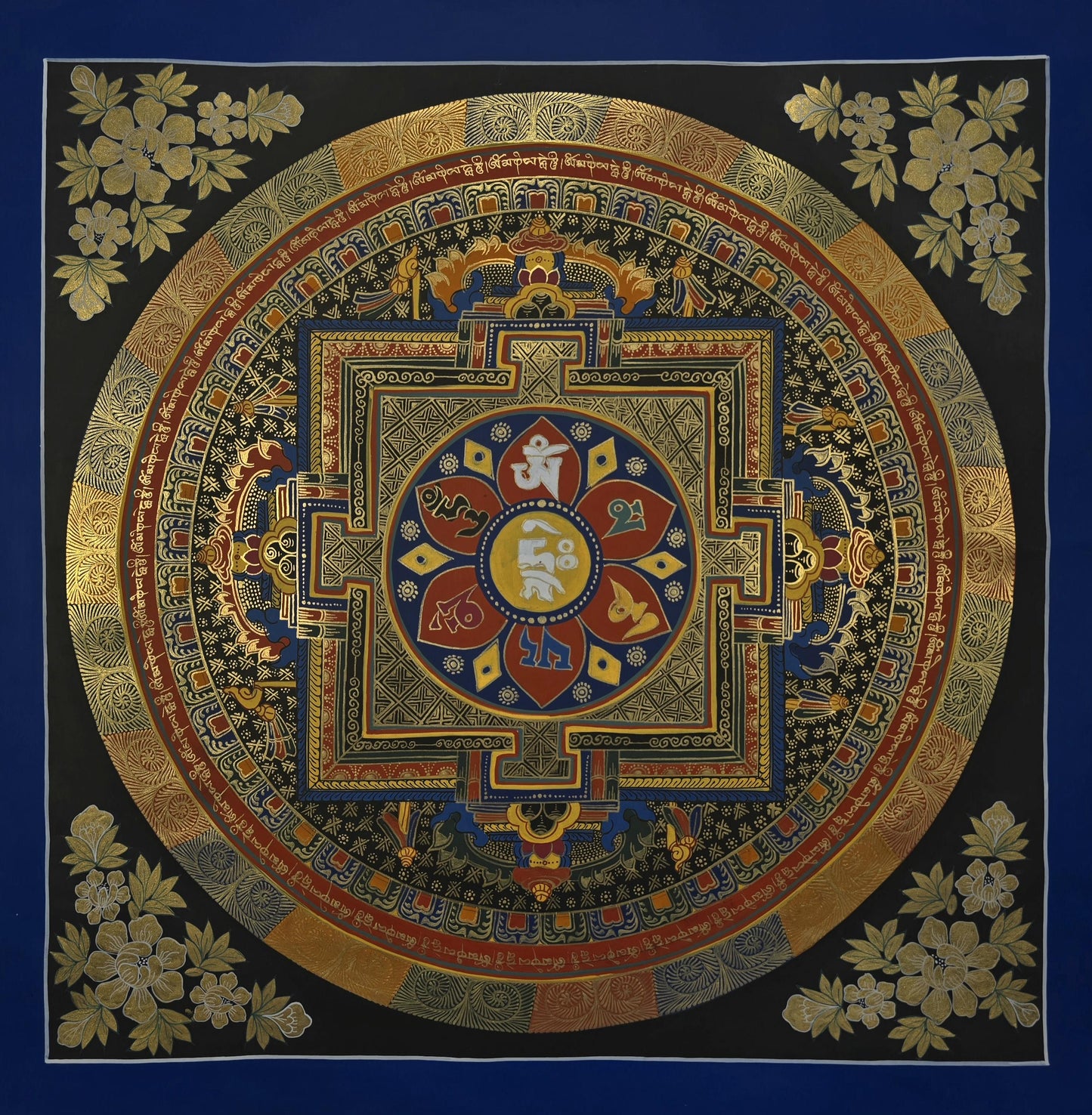 Hand-Painted Om Mantra Mandala Thangka Set of Two, Tibetan Buddhist Wall Art