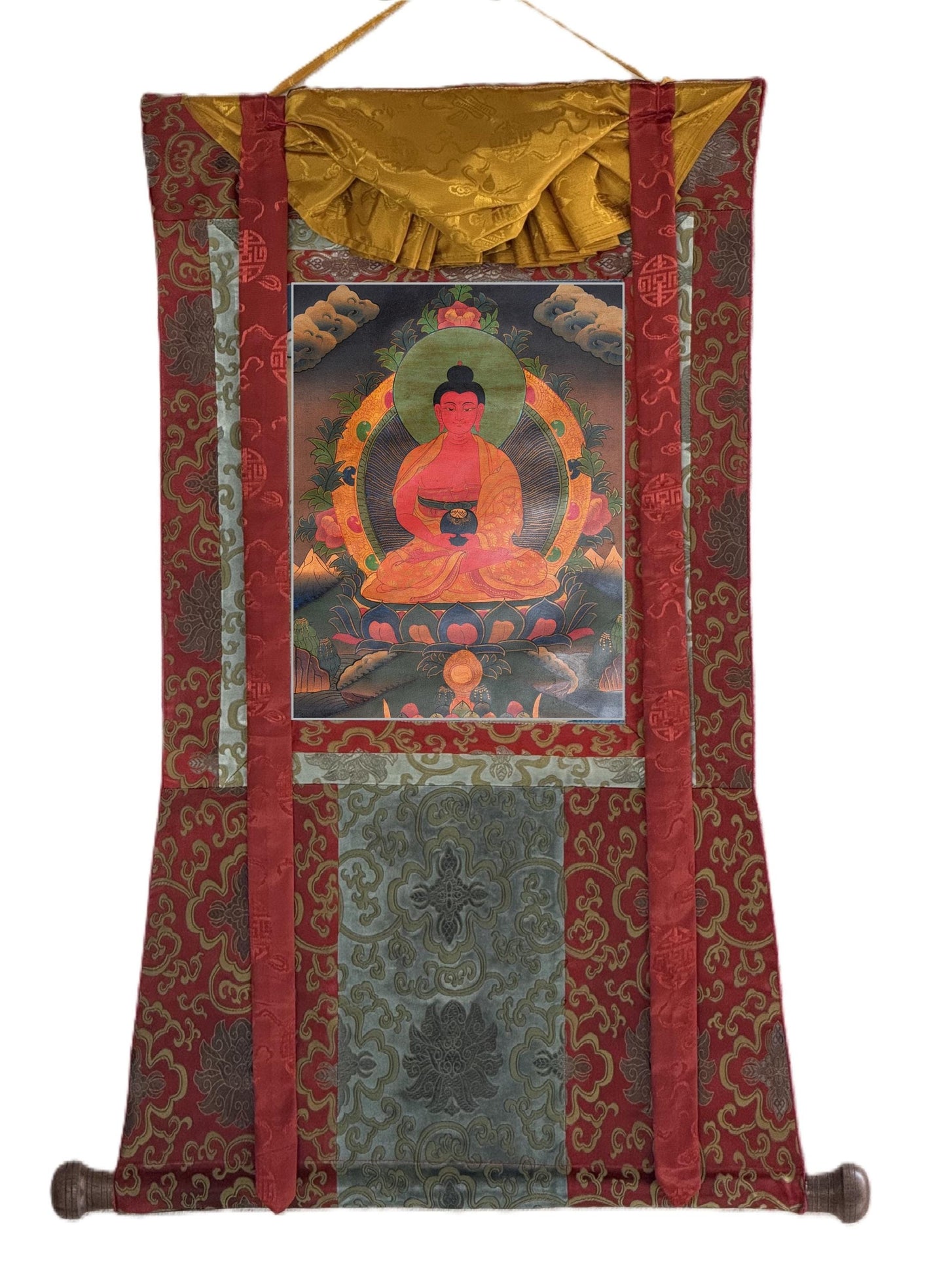 Amitabha Buddha Oil-Varnished Thangka | Hand-Painted Tibetan Pure Land Art with Silk Brocade