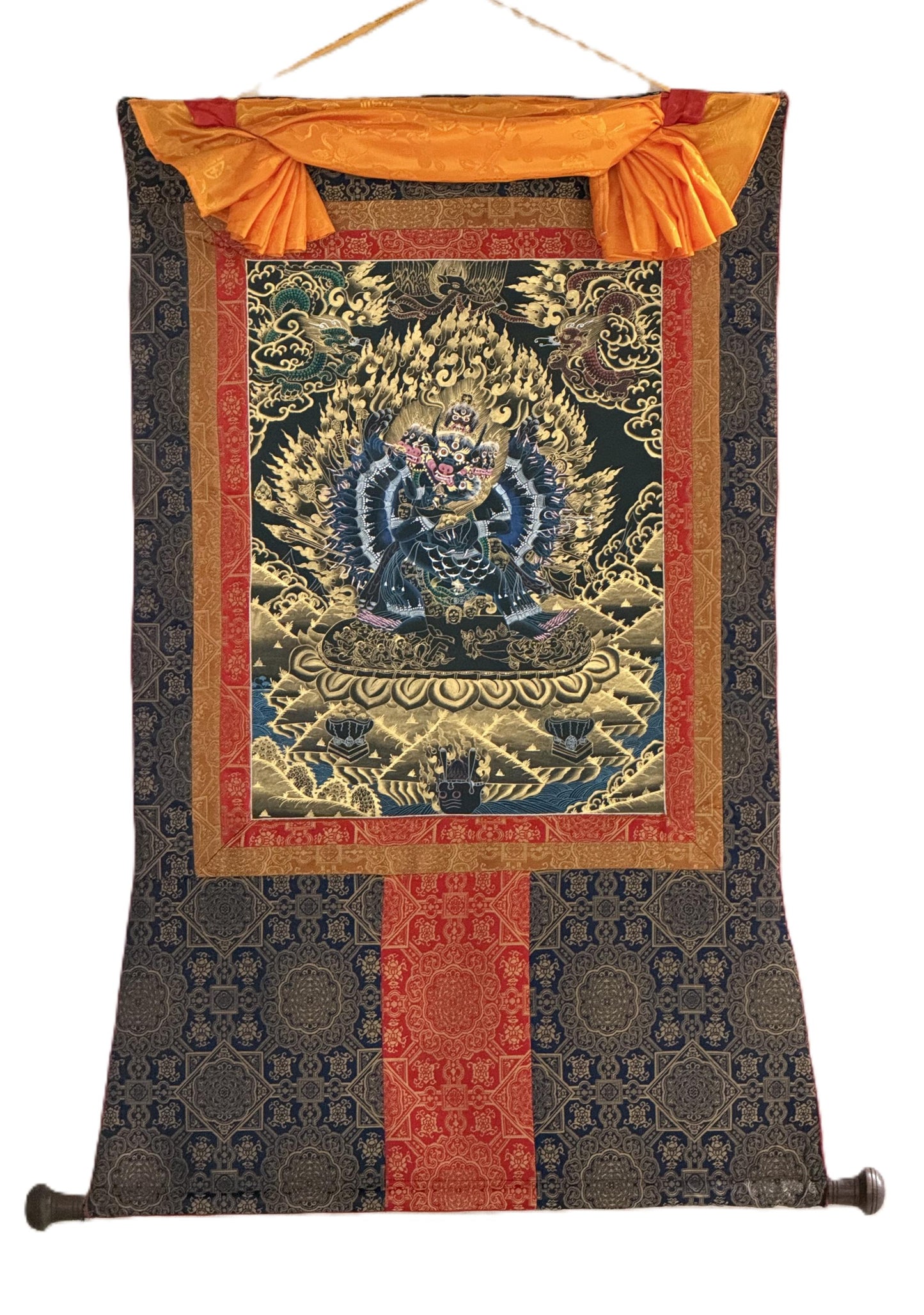 Hand-Painted Yamantaka with Consort Thangka | Wrathful Protector Tibetan Art with Silk Brocade
