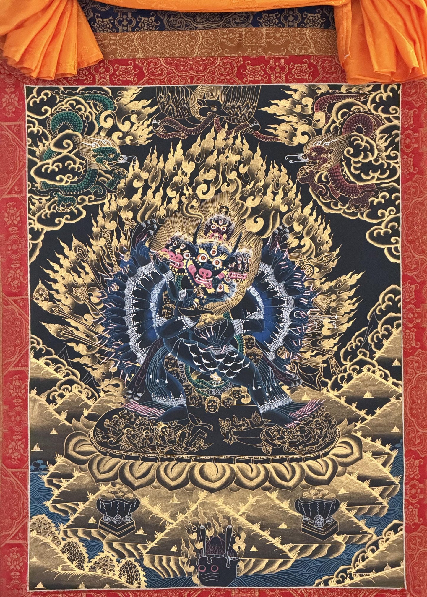 Hand-Painted Yamantaka with Consort Thangka | Wrathful Protector Tibetan Art with Silk Brocade