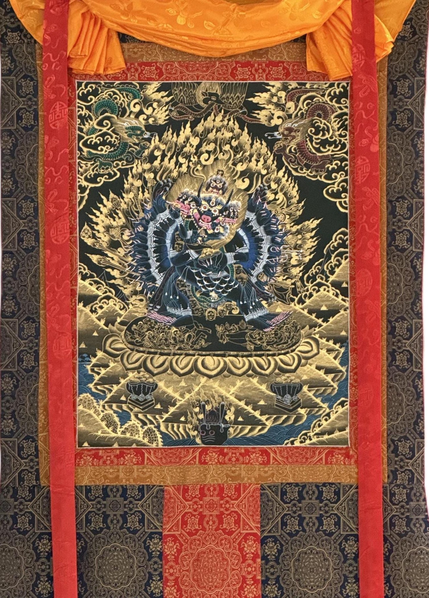 Hand-Painted Yamantaka with Consort Thangka | Wrathful Protector Tibetan Art with Silk Brocade