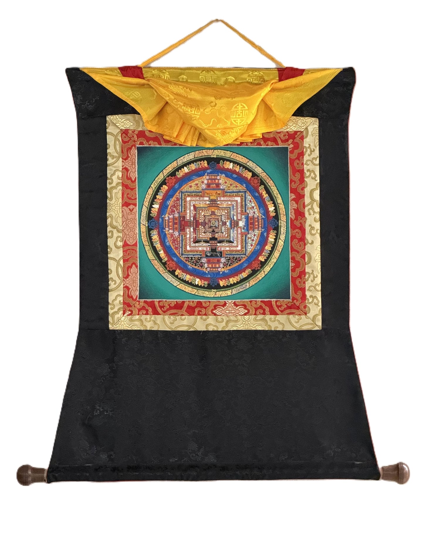 Hand-painted Kalachakra Mandala Thangka | Wheel of Time Tibetan Tantric Mandala Art with Silk Brocade