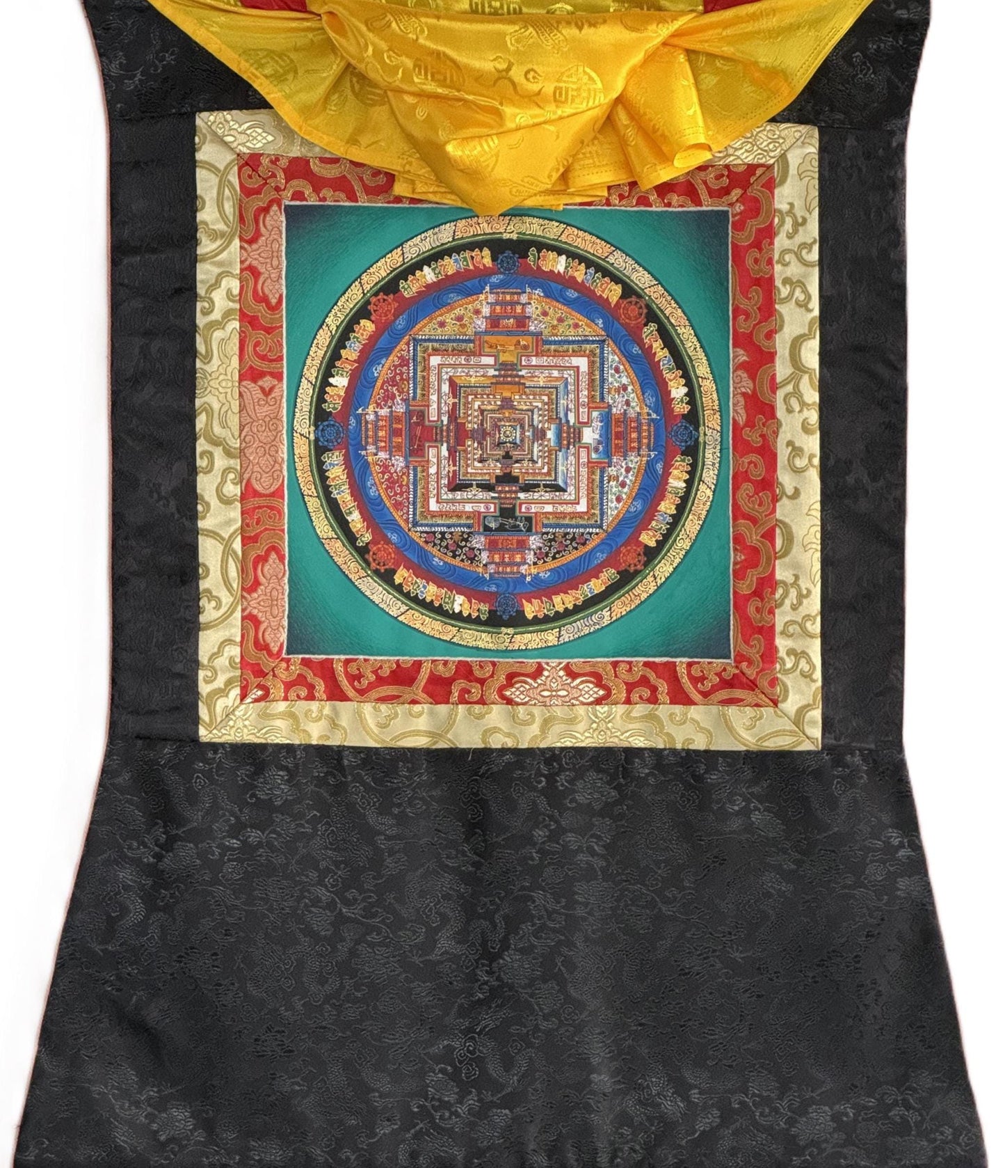 Hand-painted Kalachakra Mandala Thangka | Wheel of Time Tibetan Tantric Mandala Art with Silk Brocade