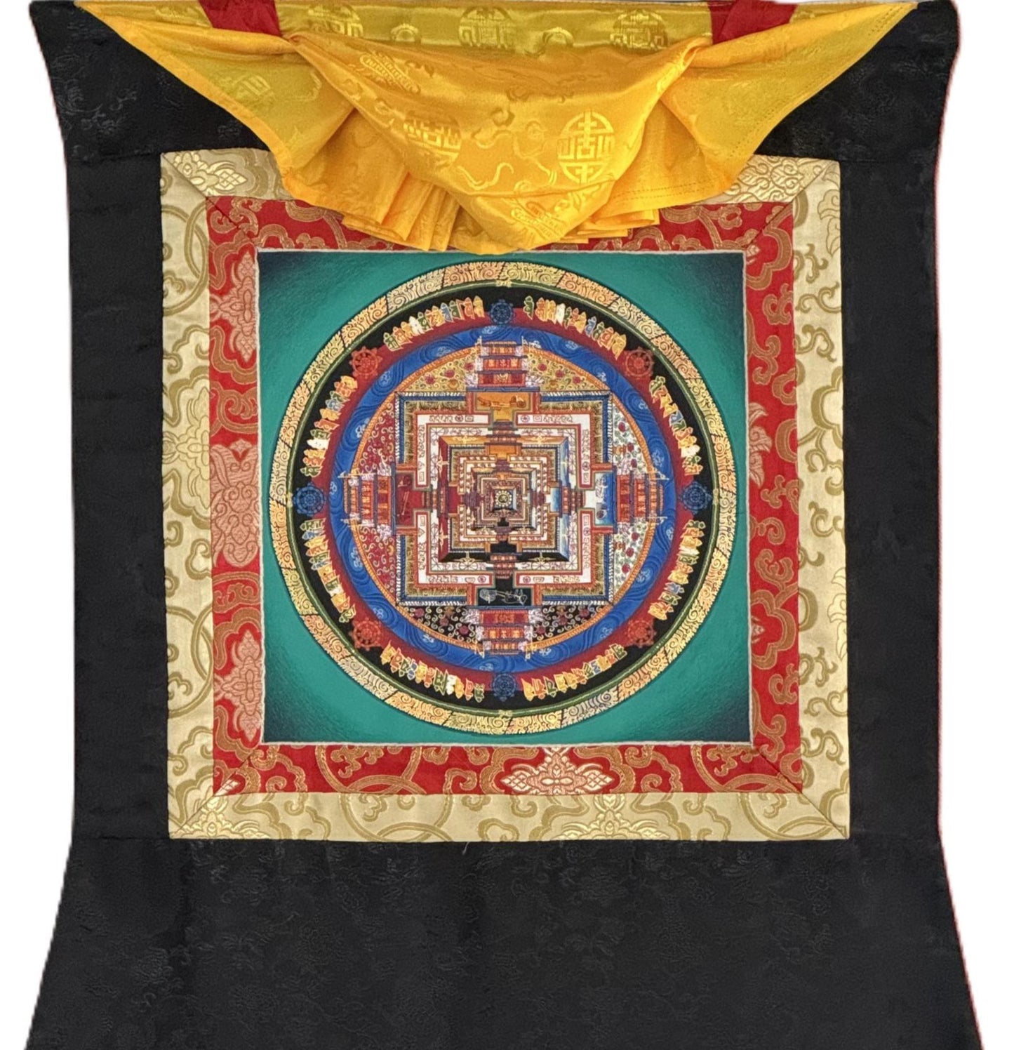 Hand-painted Kalachakra Mandala Thangka | Wheel of Time Tibetan Tantric Mandala Art with Silk Brocade