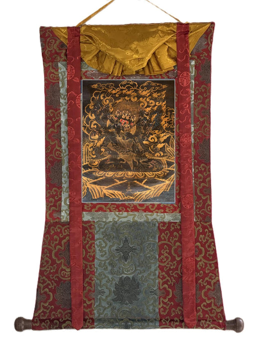 Hand-Painted Vajrakilaya Thangka | Black & Gold Tibetan Wall Art