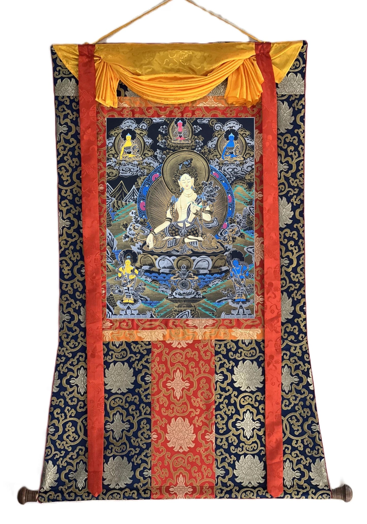 White Tara Thangka | Hand-Painted Tibetan Healing Goddess Art with Silk Brocade