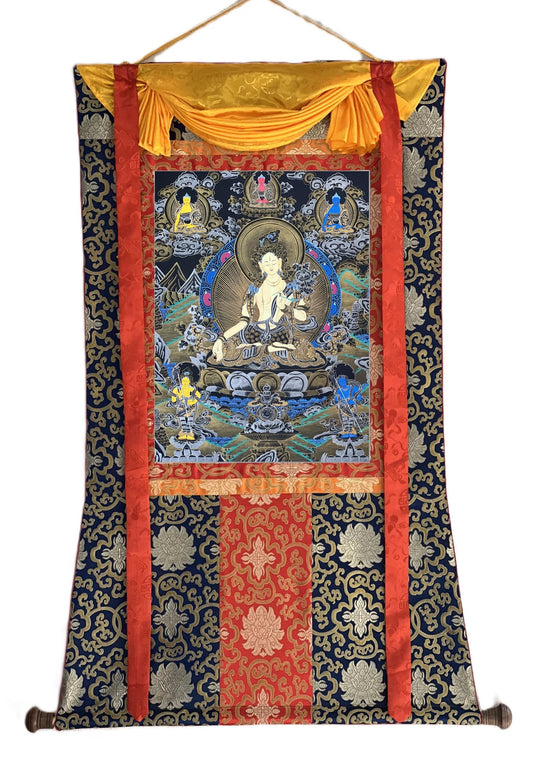 White Tara Thangka | Hand-Painted Tibetan Healing Goddess Art with Silk Brocade