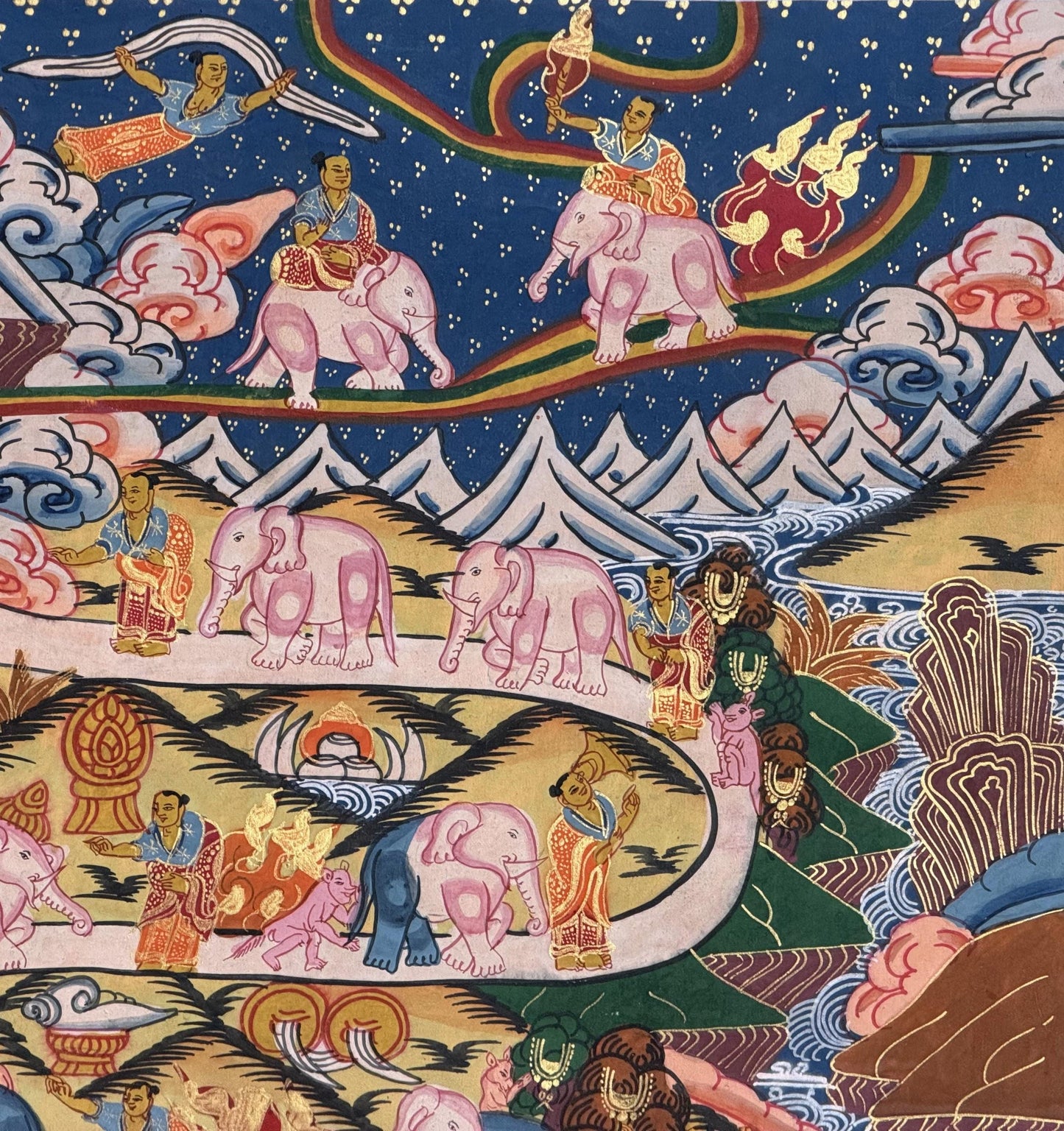 Hand Painted Tibetan Thangka – Samatha Meditation Way to Heaven / Nirvana – Buddhist Mind Training Art