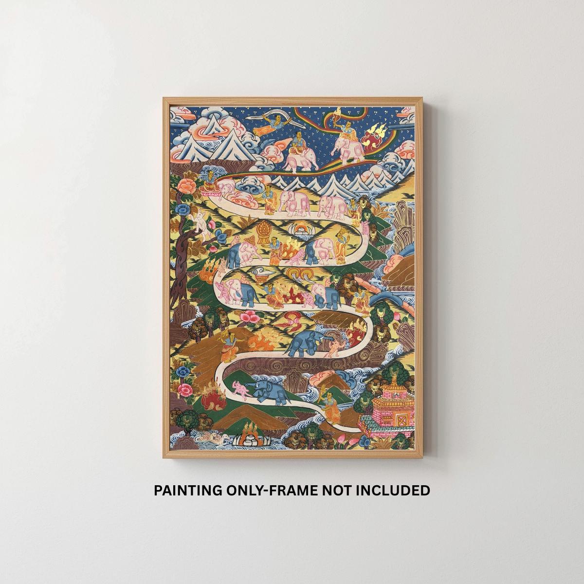 Hand Painted Tibetan Thangka – Samatha Meditation Way to Heaven / Nirvana – Buddhist Mind Training Art