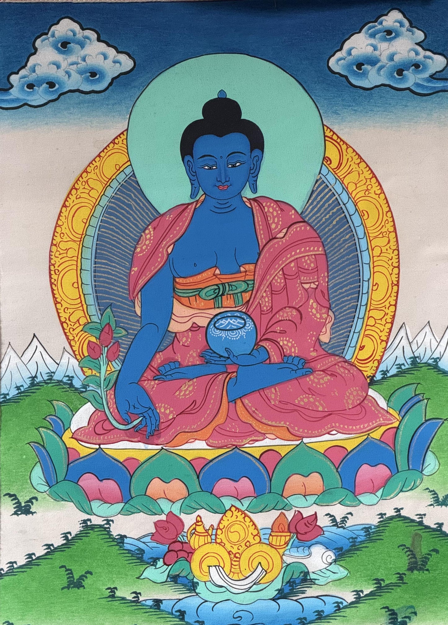 Hand-Painted Medicine Buddha Thangka Painting - Healing Buddha Art with Silk Brocade - Spiritual Home Decor
