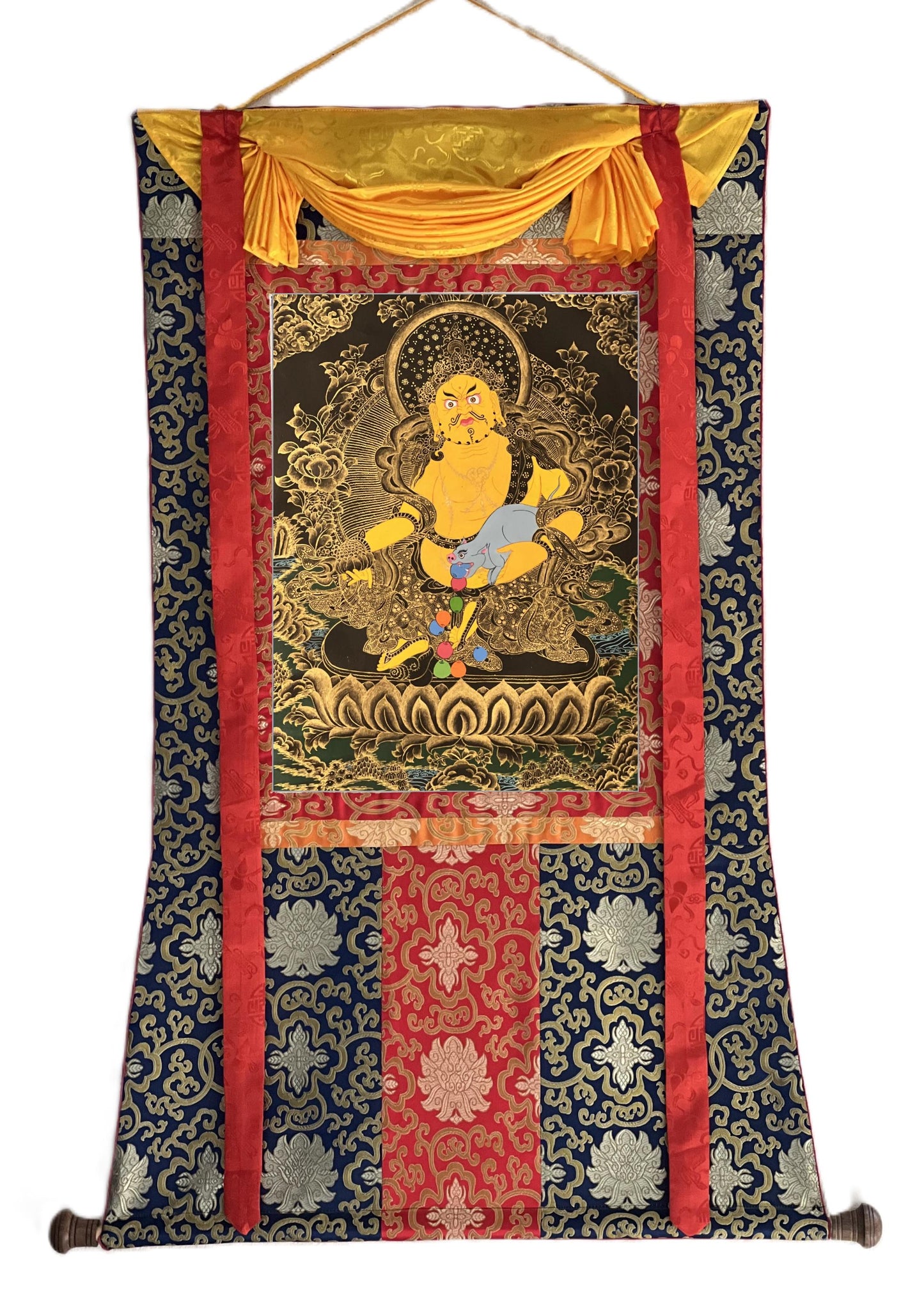 Yellow Dzambhala Thangka | Black & Gold Hand-Painted Kubera Wealth Deity with Silk Brocade