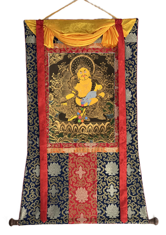 Yellow Dzambhala Thangka | Black & Gold Hand-Painted Kubera Wealth Deity with Silk Brocade