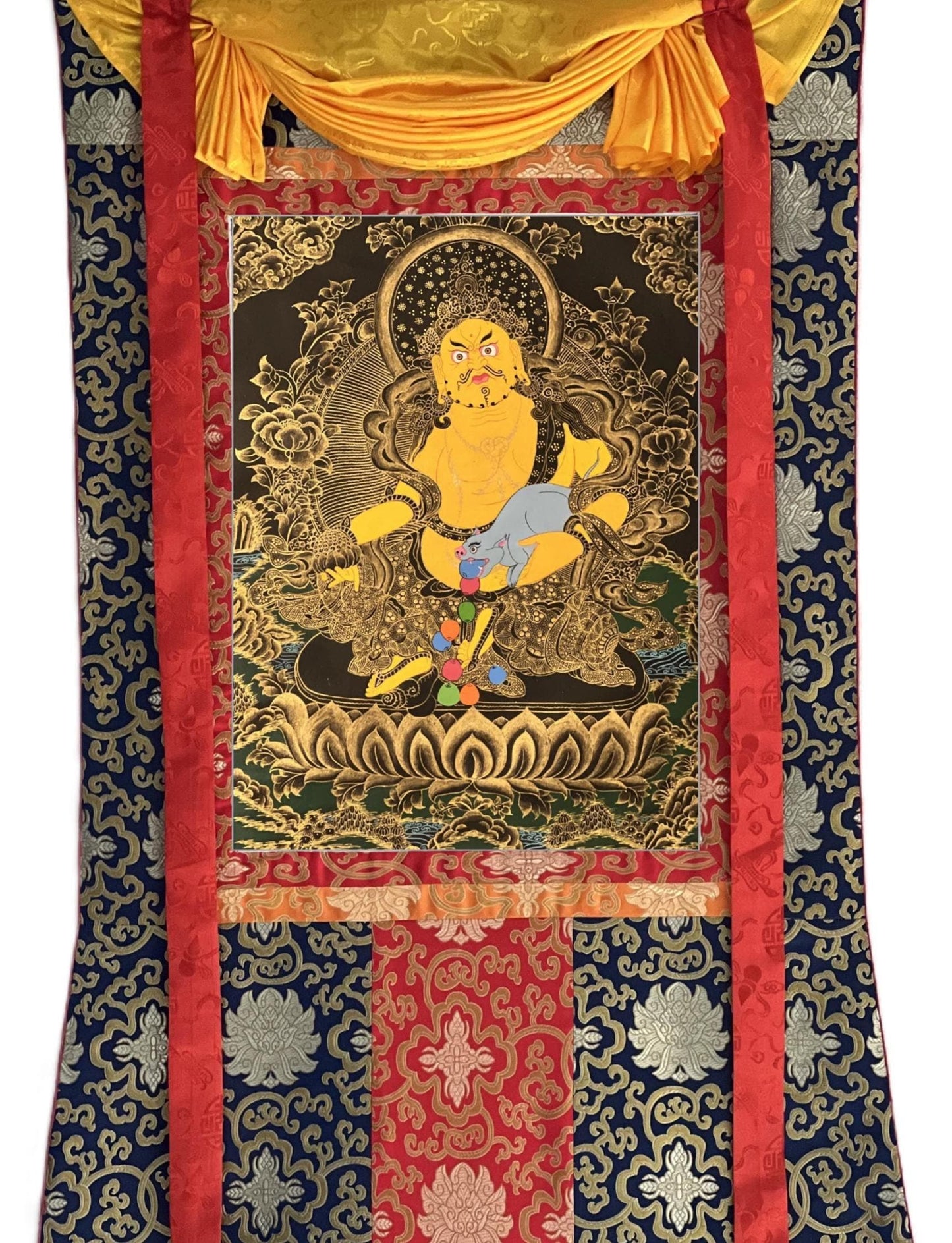Yellow Dzambhala Thangka | Black & Gold Hand-Painted Kubera Wealth Deity with Silk Brocade