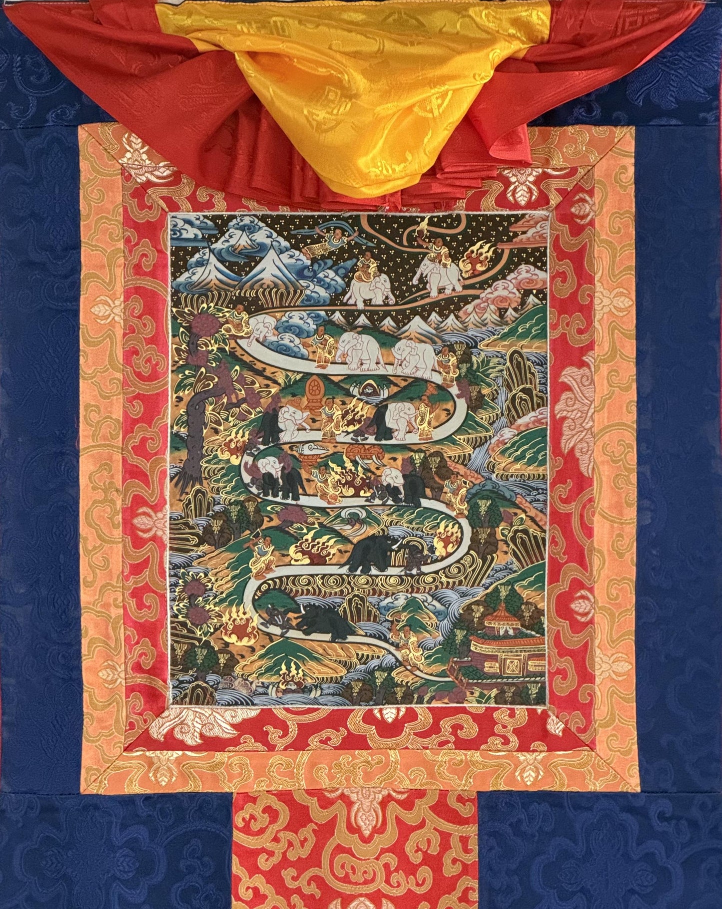 Original Hand-Painted Samatha Meditation Thangka | Tibetan Buddhist Silk Brocade Art | Spiritual Wall Hanging