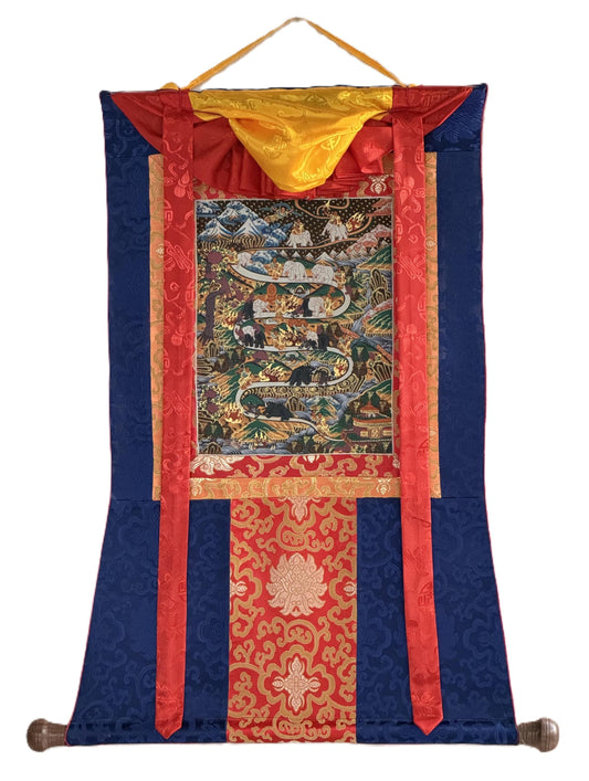 Original Hand-Painted Samatha Meditation Thangka | Tibetan Buddhist Silk Brocade Art | Spiritual Wall Hanging