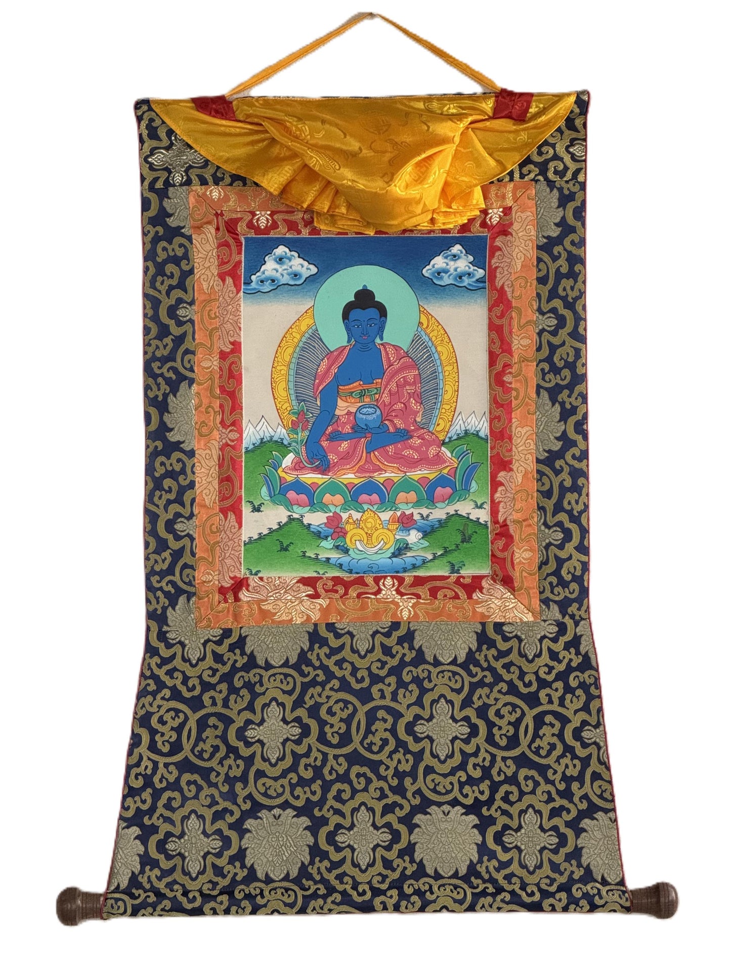 Hand-Painted Medicine Buddha Thangka Painting - Healing Buddha Art with Silk Brocade - Spiritual Home Decor