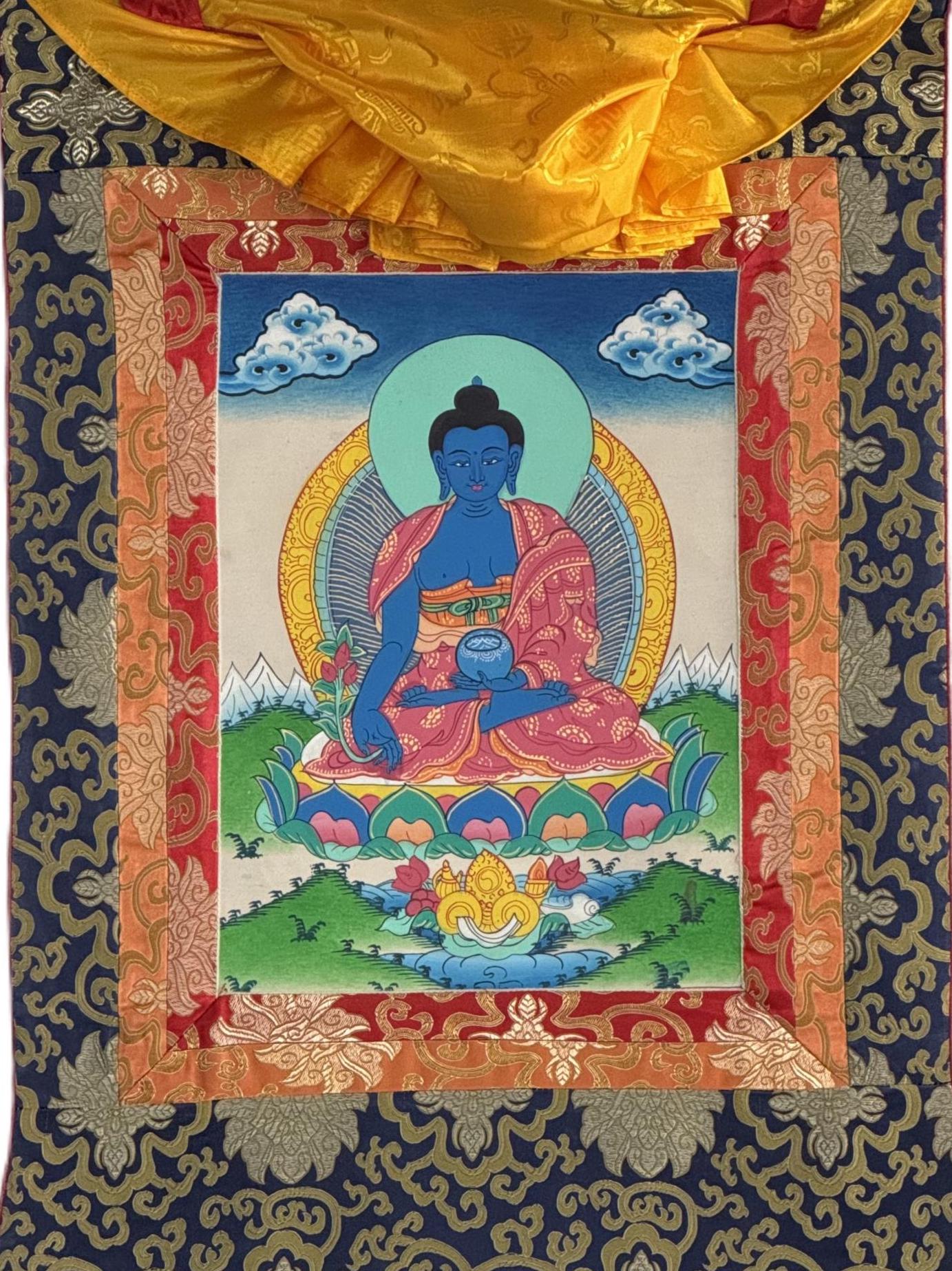 Hand-Painted Medicine Buddha Thangka Painting - Healing Buddha Art with Silk Brocade - Spiritual Home Decor