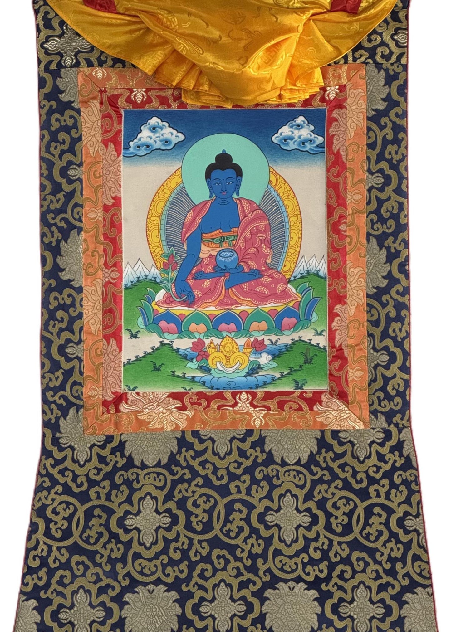 Hand-Painted Medicine Buddha Thangka Painting - Healing Buddha Art with Silk Brocade - Spiritual Home Decor