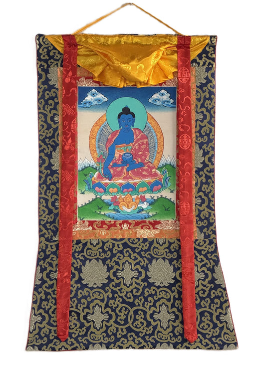 Medicine Buddha Thangka | Bhaisajyaguru Healing Buddha | Hand-Painted Tibetan Art | Framed with Silk Brocade