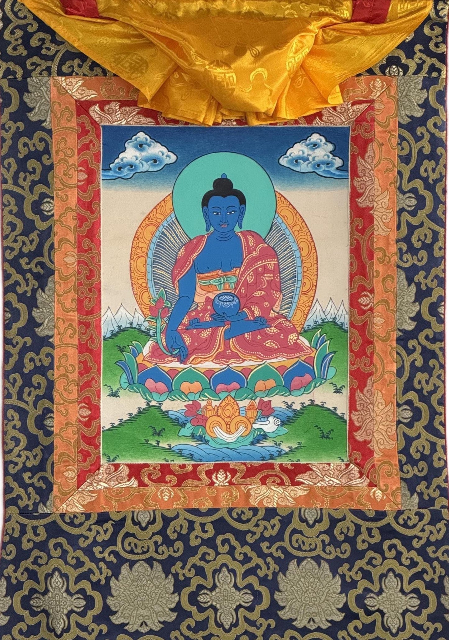 Medicine Buddha Thangka | Bhaisajyaguru Healing Buddha | Hand-Painted Tibetan Art | Framed with Silk Brocade