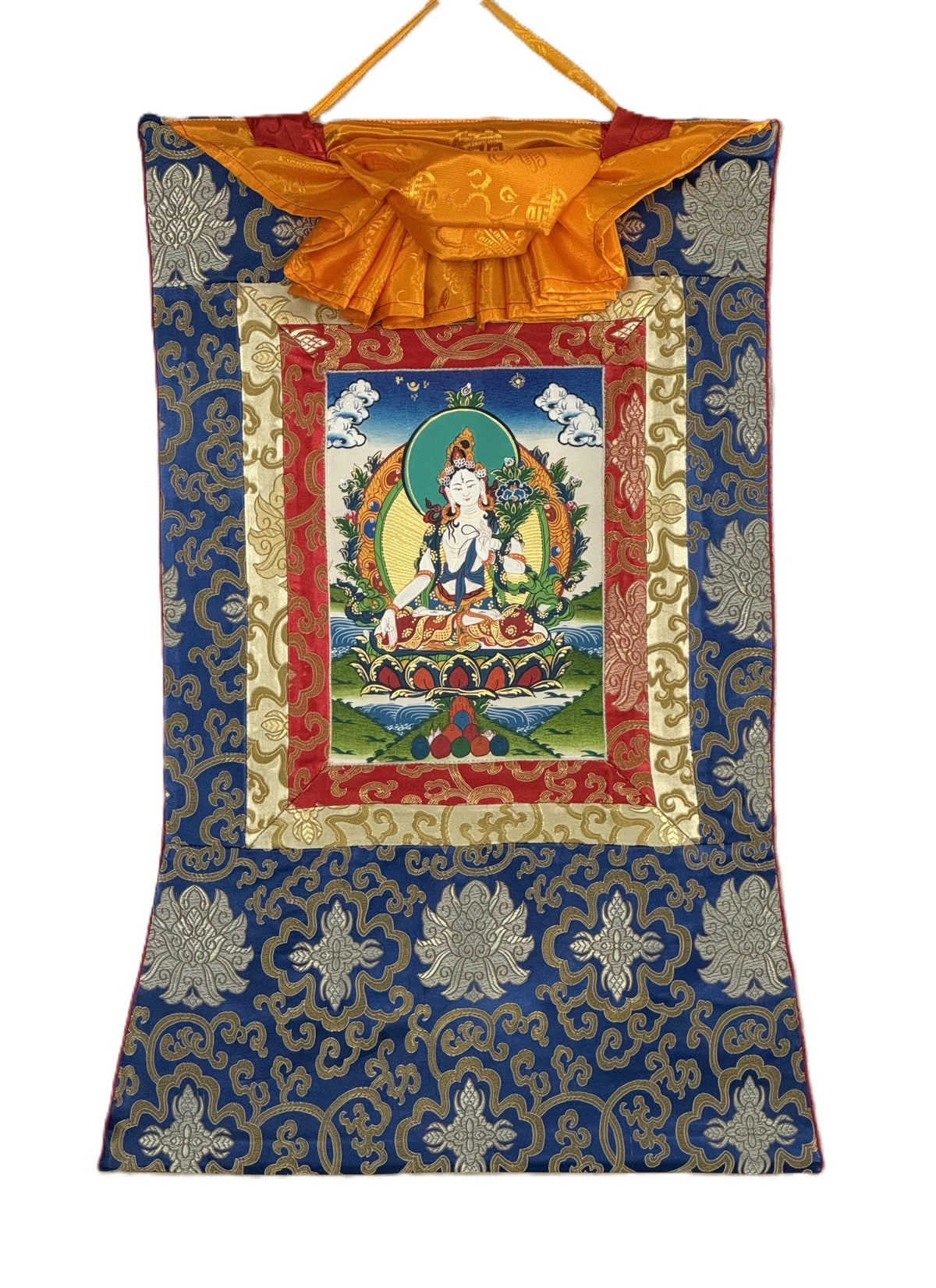 White Tara, Mother Buddha, Tibetan Thangka Painting, Original Art with Silk Frame ( Brocade)