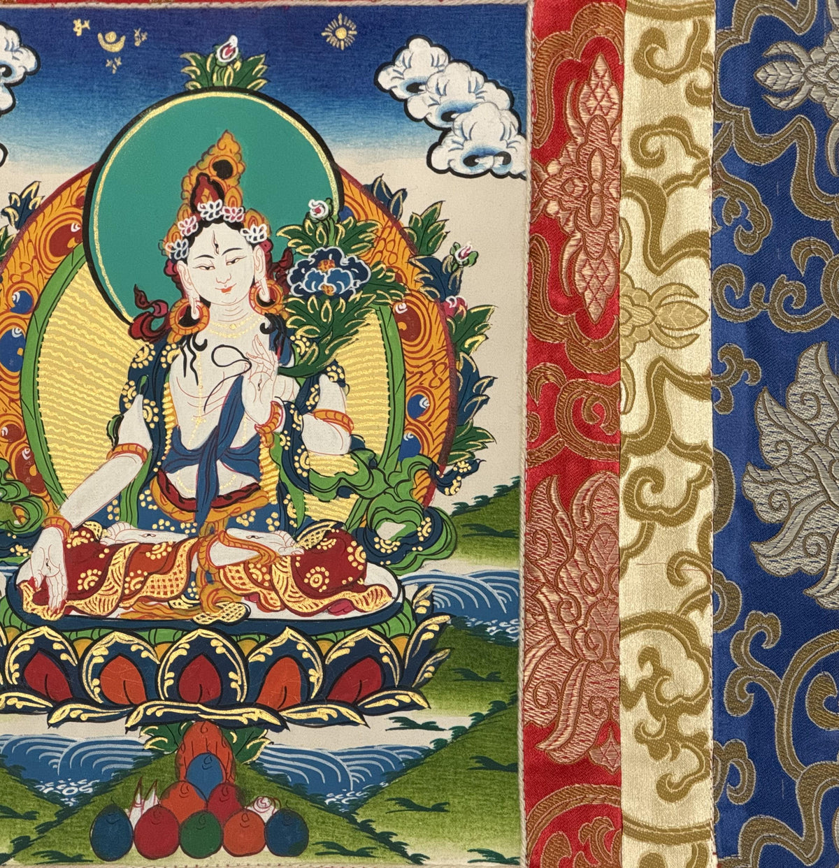 White Tara, Mother Buddha, Tibetan Thangka Painting, Original Art with Silk Frame ( Brocade)