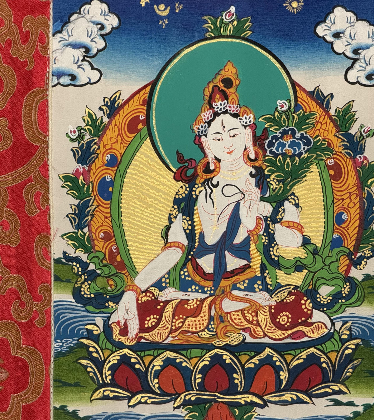 White Tara, Mother Buddha, Tibetan Thangka Painting, Original Art with Silk Frame ( Brocade)